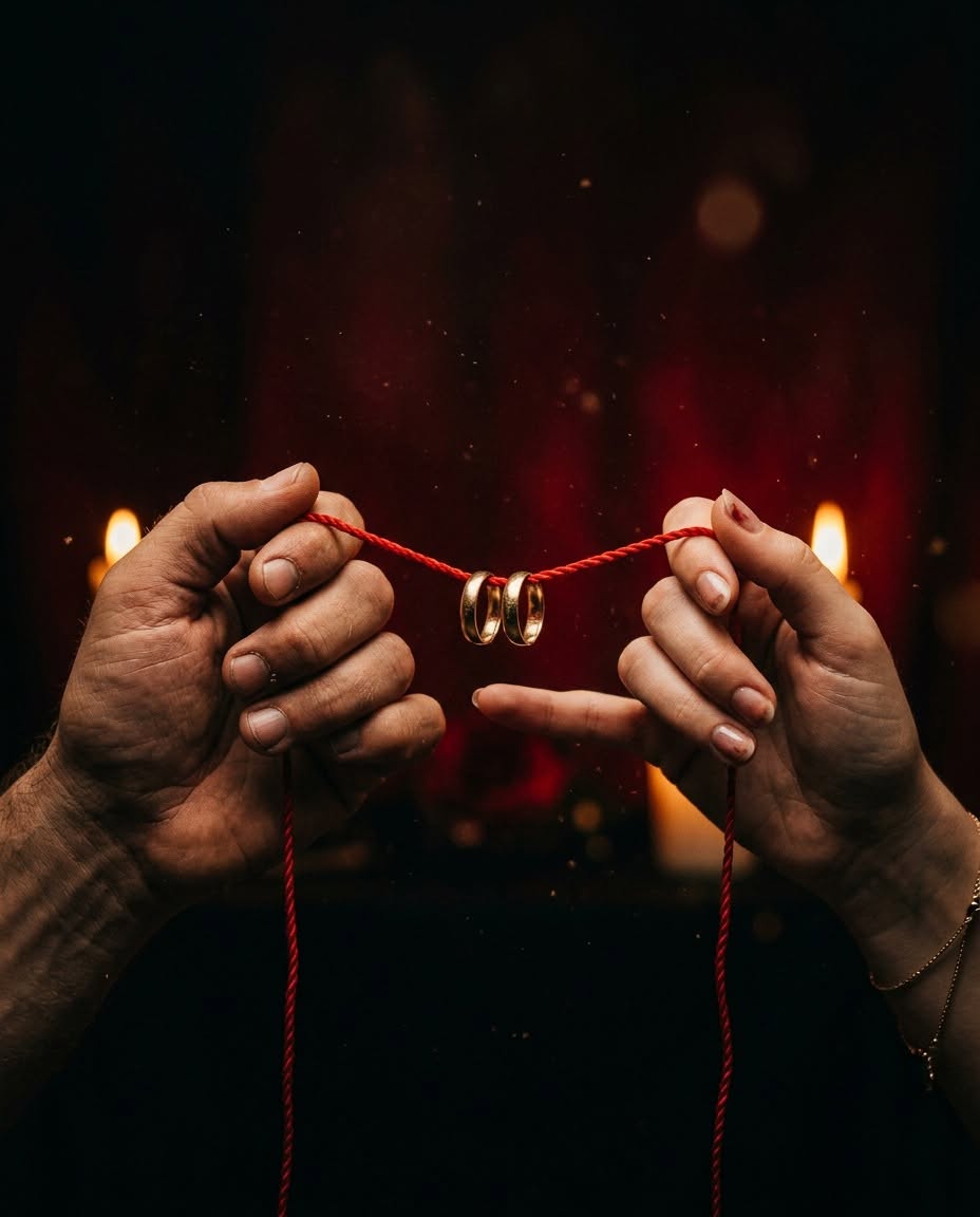 Close-up of hands holding a red cord with two rings against a dark, candlelit background.