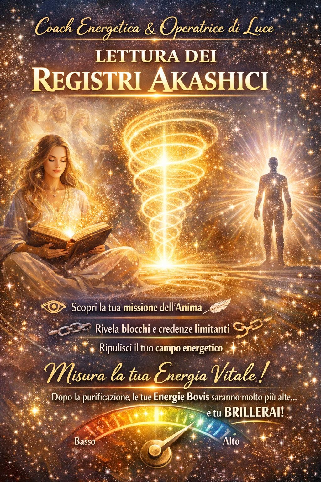 A vertical promotional graphic with ornate gold lettering, a seated woman holding an open book, a glowing spiral, and a standing figure against a star-filled background.